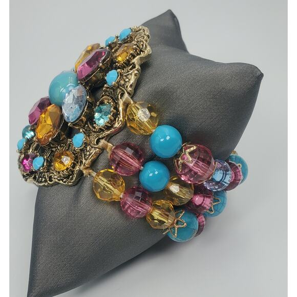 Vintage Triple Strand Medallion Statement Necklace and Stretch Bracelet Set  NOS - Picture 7 of 8